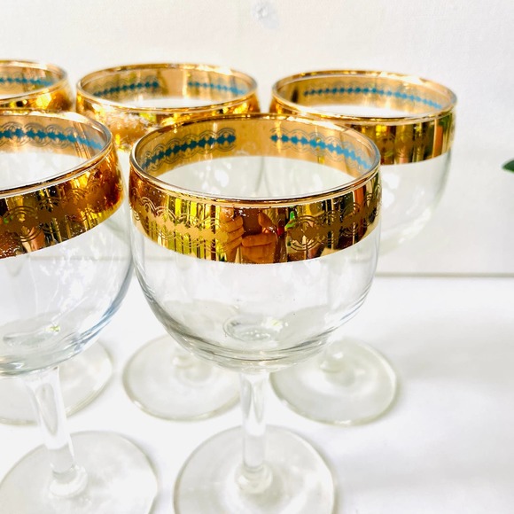 🐚SOLD🐚RARE Culver 22K Mid Century Stemmed Wine Glasses with a Gold and Aqua - Picture 4 of 9